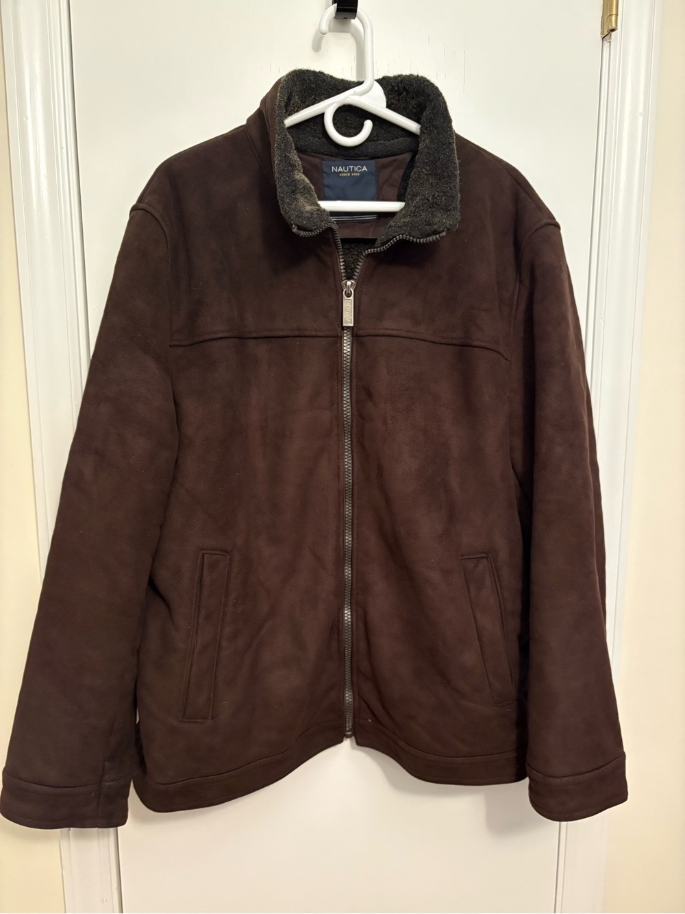 Nautica Men's Dark Brown Faux-Suede Zip Pea Coat with Sherpa Collar